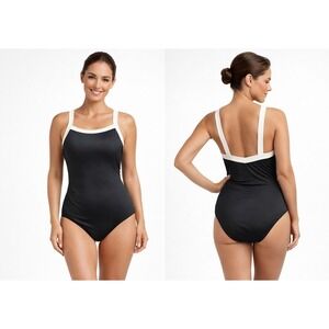 Miraclesuit One Piece Swimsuit Women 12 Black White Contrast Trim Classic Preppy